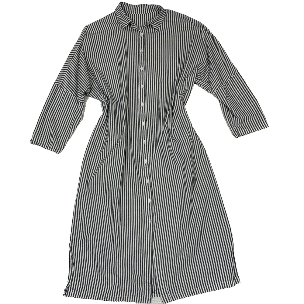 ChouYatou Womens Gray Striped Cotton Shirt Dress Oversized Midi Maxi M